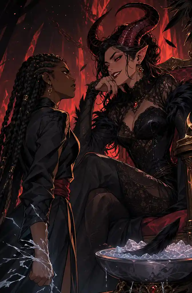 Dark skinned woman facing teasing horned demon in anime style