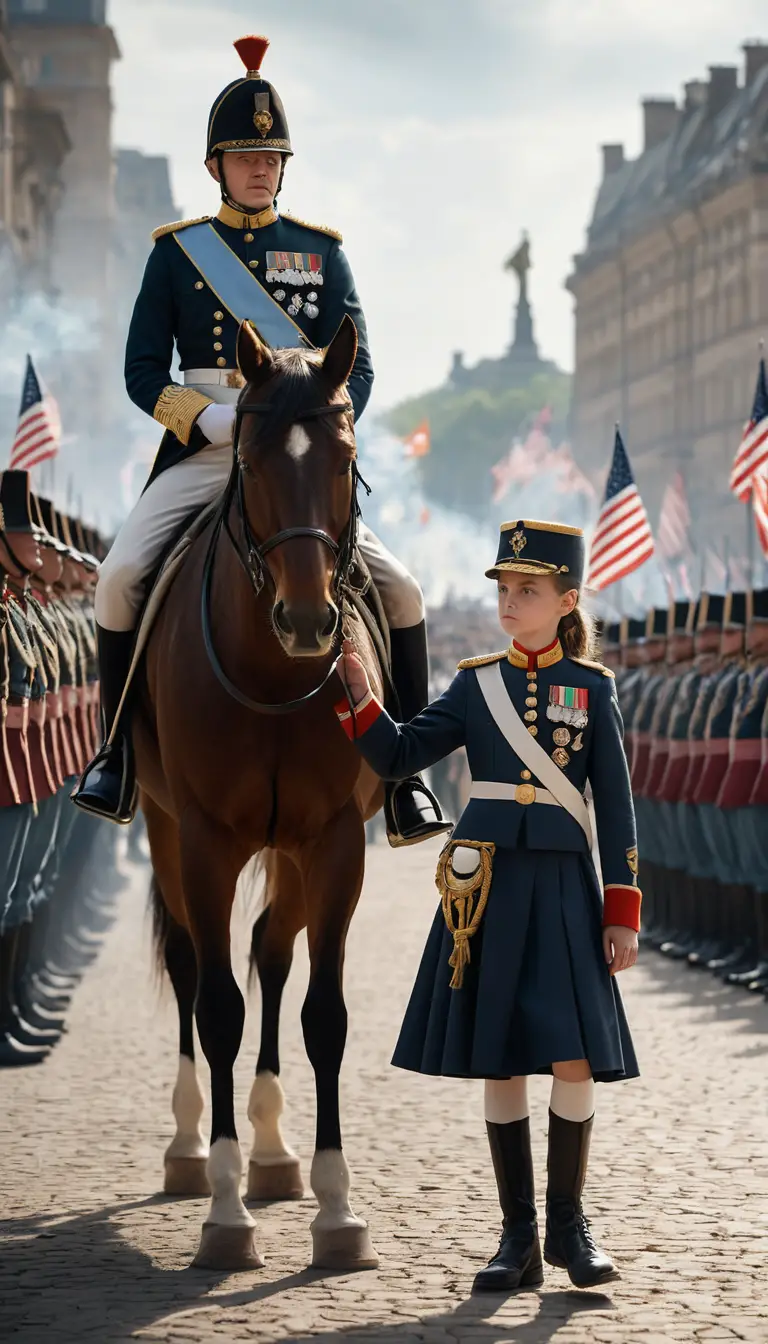 General de desfile militar a caballo frente a un niño valiente