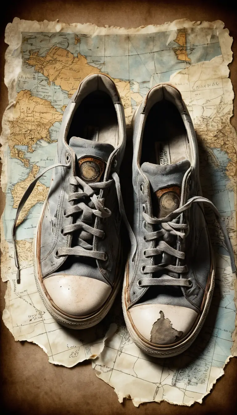 Old sneakers on a torn map in a mysterious cloudy collage