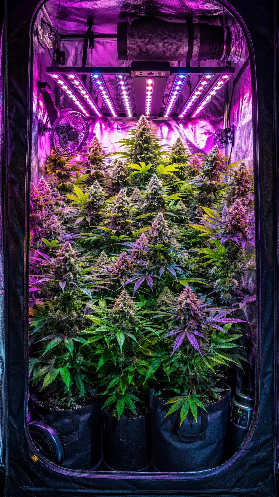 Estufa indoor cheia de plantas de cannabis exuberantes