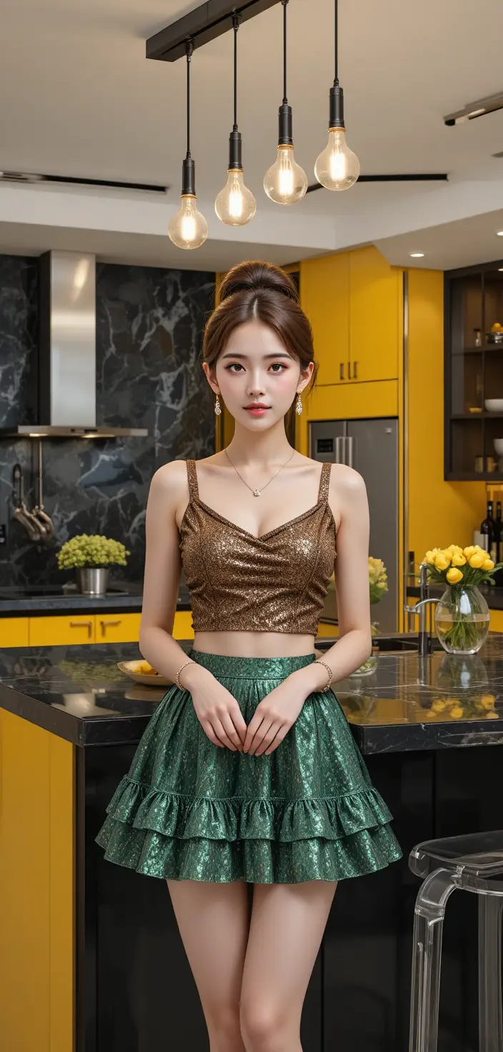 Mulher coreana com roupa brilhante posando em cozinha moderna
