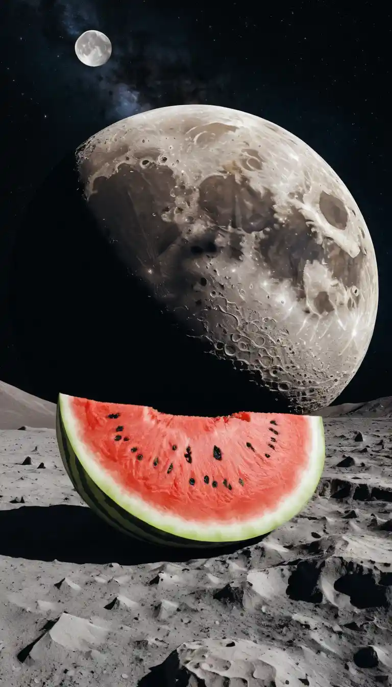 Surreal moon in space revealing a slice of watermelon