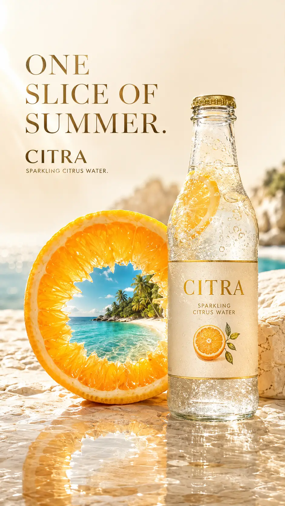 Garrafa cítrica e fatia de laranja sobre superfície de calcário banhada pelo sol