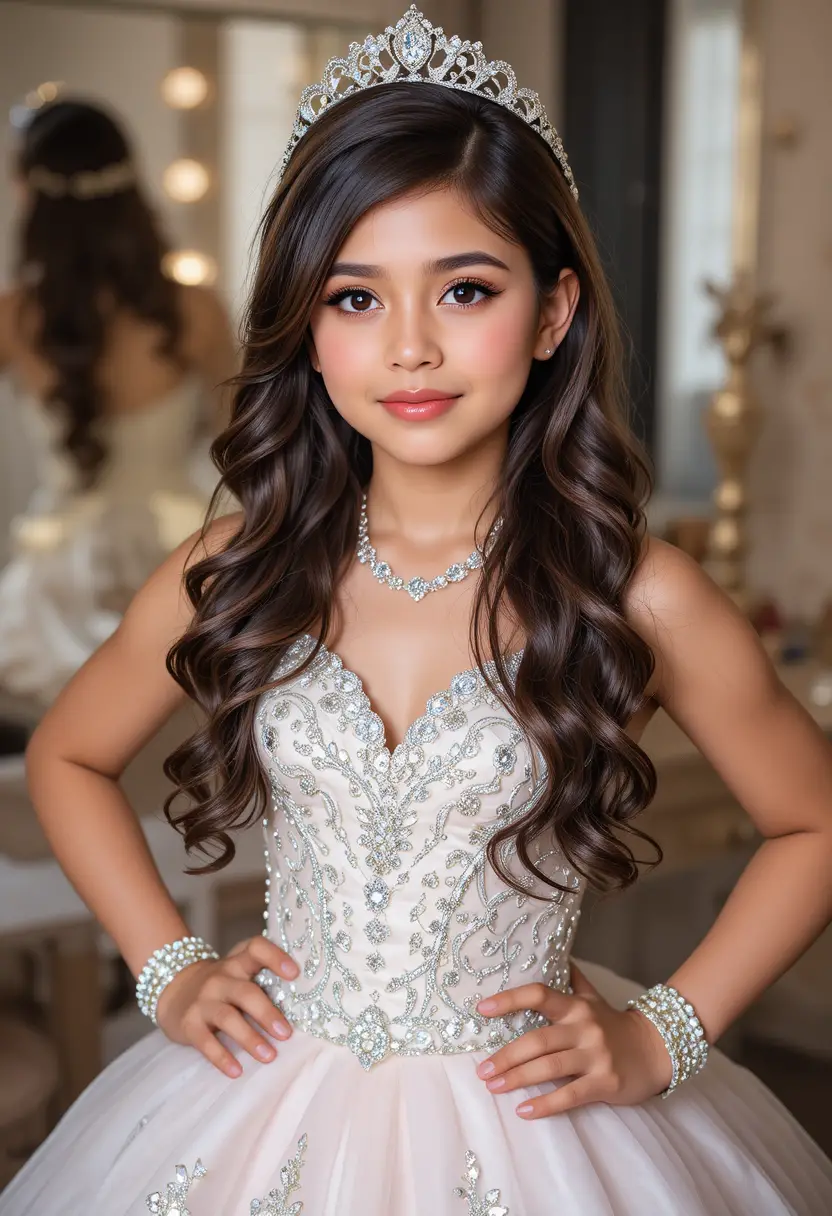 Menino com vestido de quinceañera posando diante da penteadeira