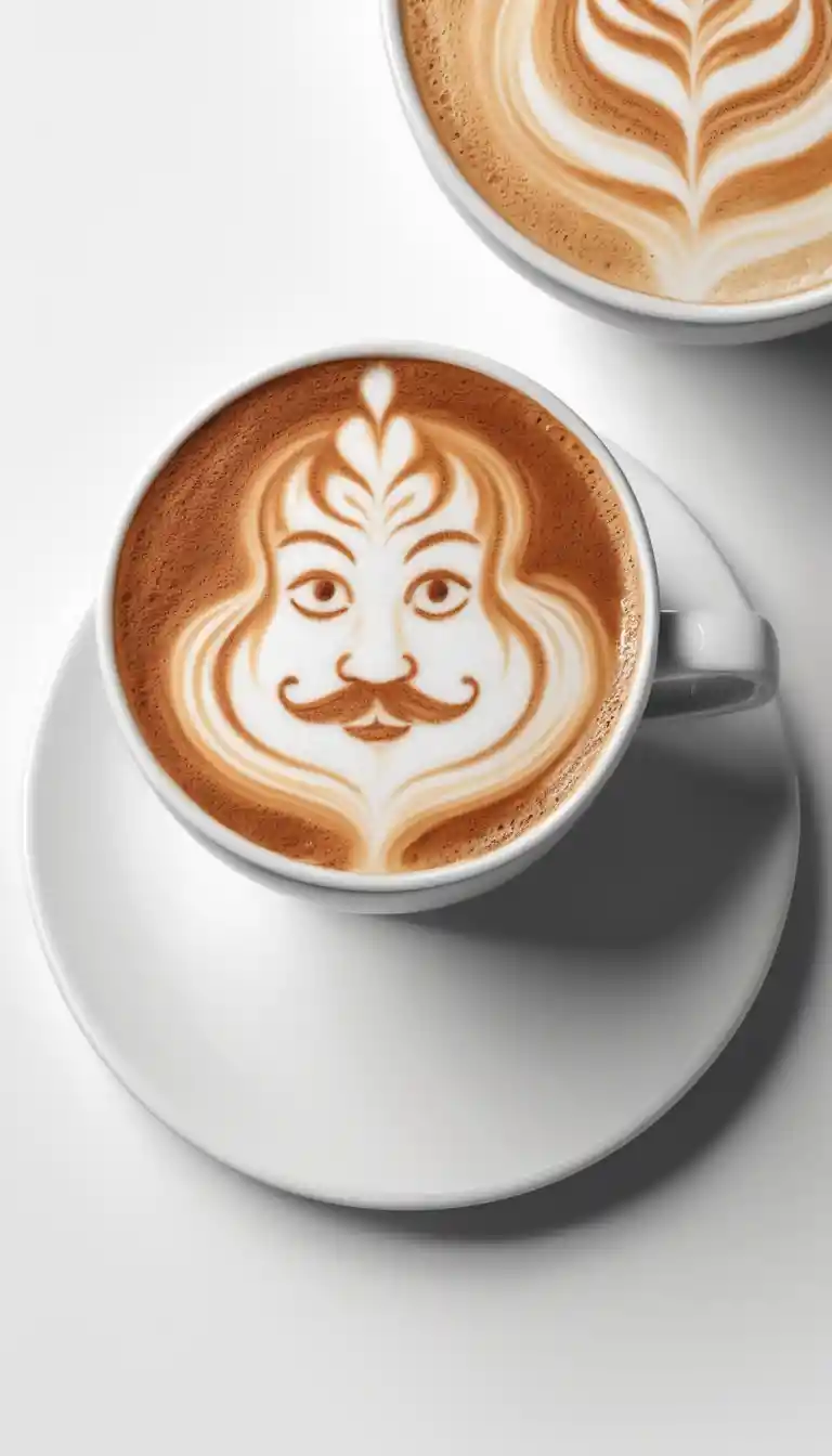 Latte 3D en vista superior con arte de retrato detallado en la espuma