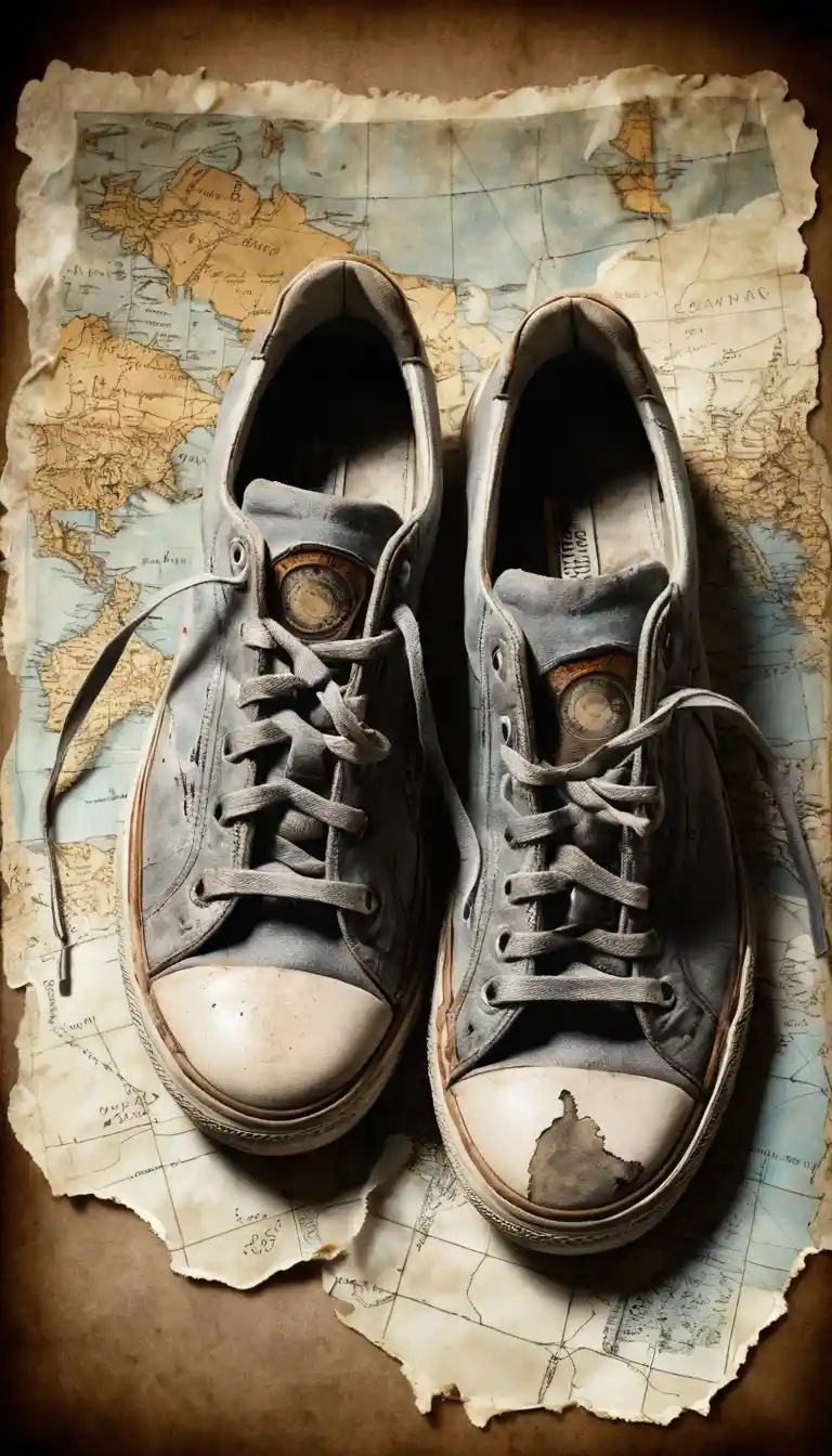 Old sneakers on a torn map in a mysterious cloudy collage