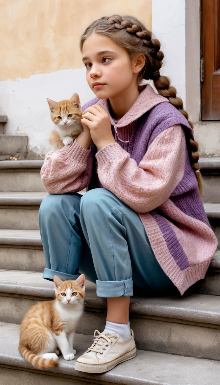 Niña con gatito sentada en unos escalones en ilustración de pastel suave