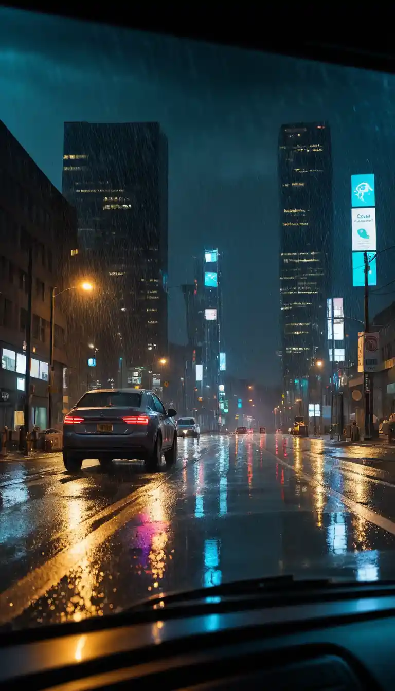 Rua da cidade à noite vista pela janela de um carro na chuva