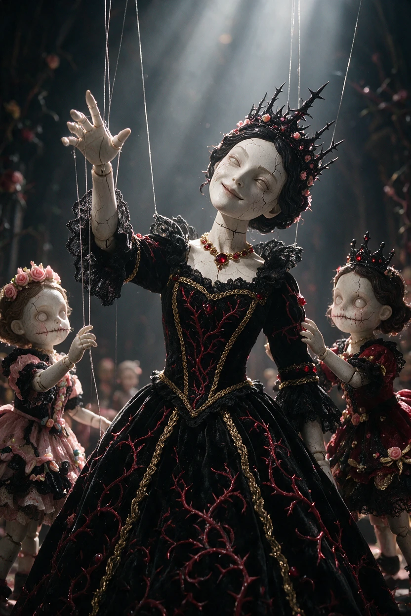 Reina marioneta gótica enmarcada por inquietantes muñecas de porcelana