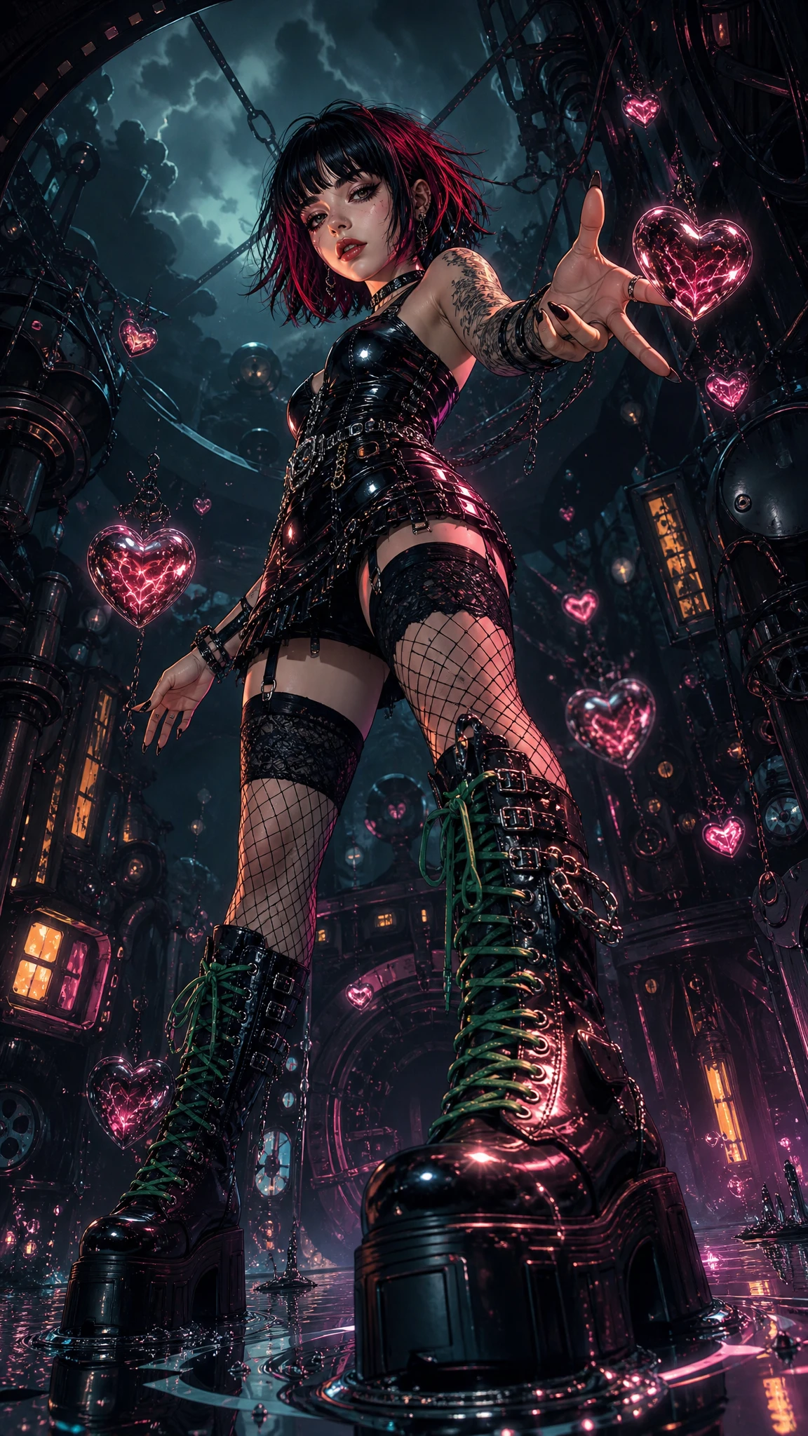 Gothic woman with red hair on liquid metal floor