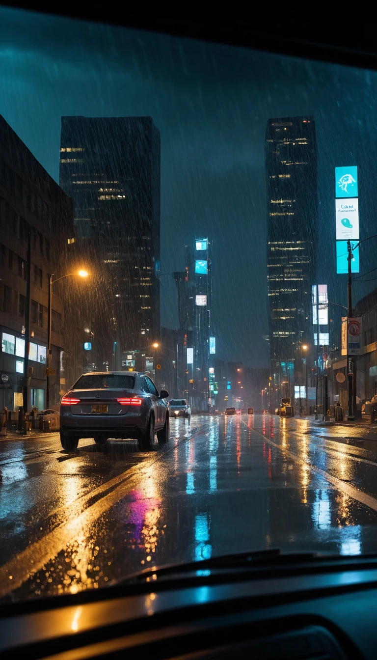 Night city street seen through rainy car window
