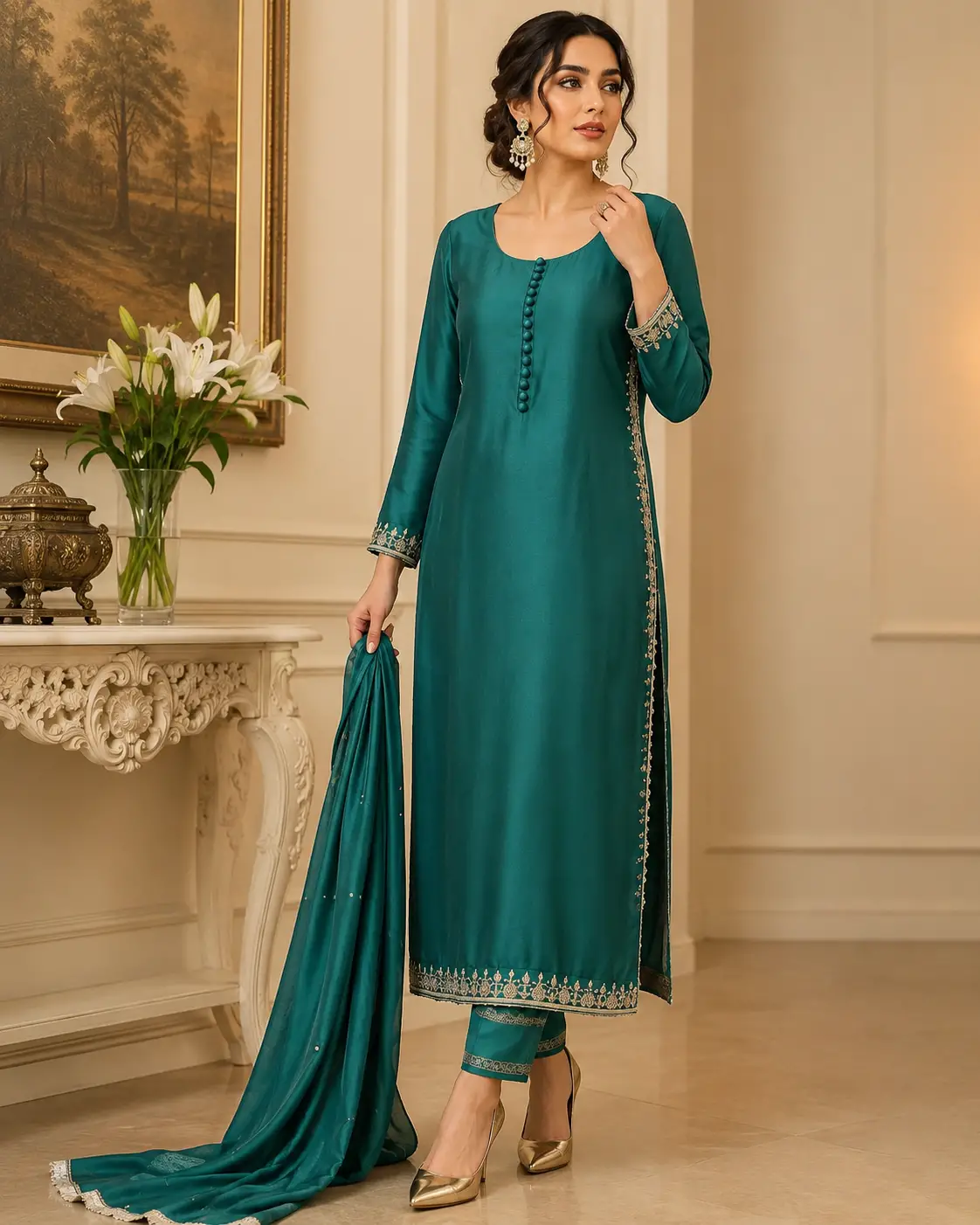 Modelo de moda posa para destacar vestido bordado detalhado