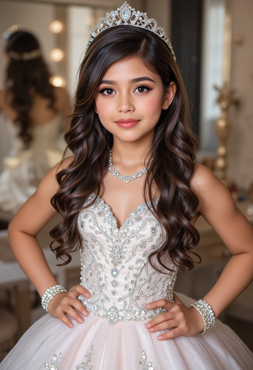 Young boy in quincenera dress posing at vanity mirror