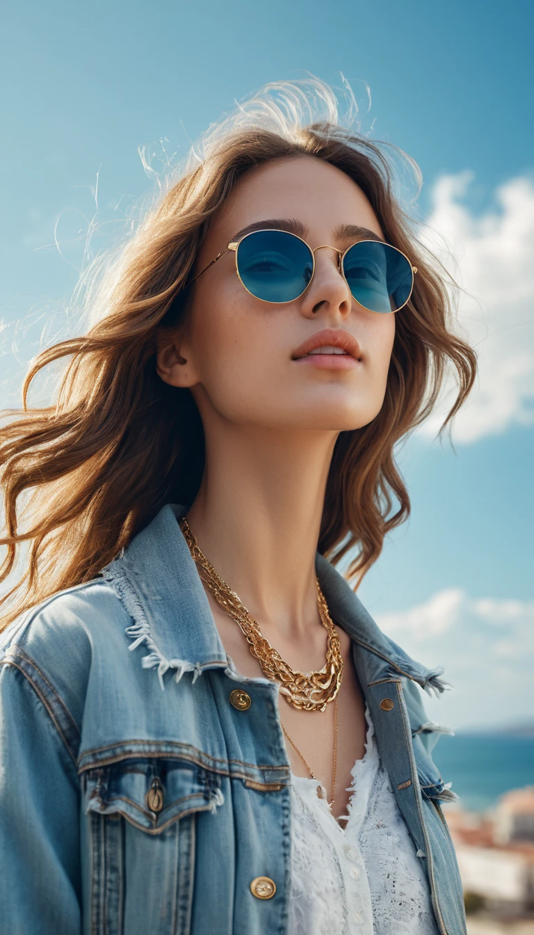 Joven estilosa con gafas de sol bajo un brillante cielo de verano