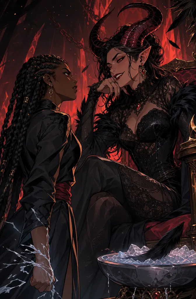 Dark skinned woman facing teasing horned demon in anime style