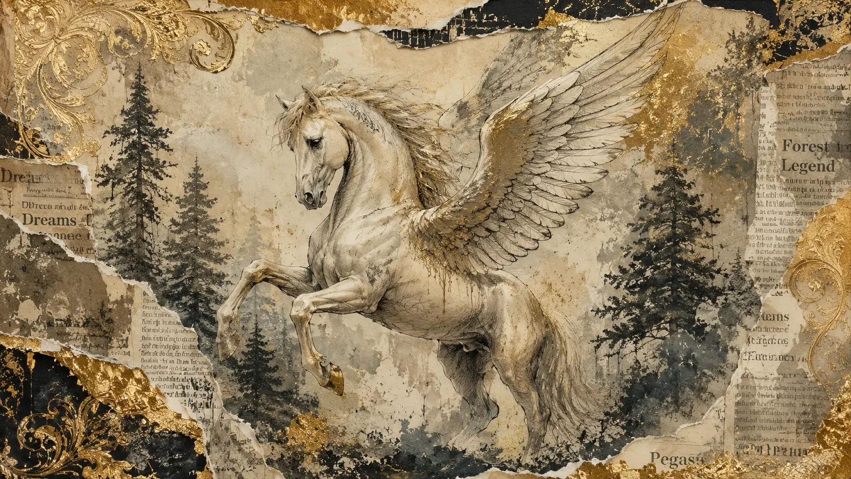 神祕奇幻森林中的優雅天馬插畫