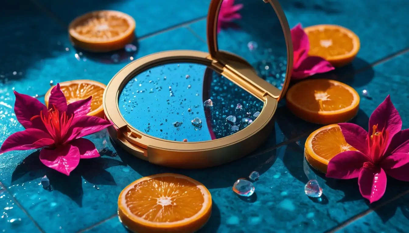 Compacto de luxo em azulejo molhado à beira da piscina com detalhes tropicais