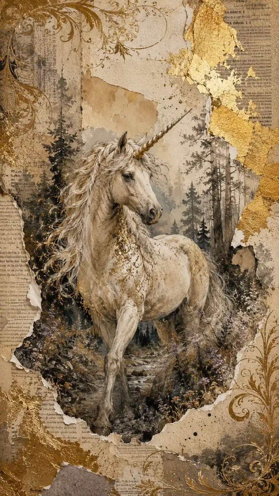 神秘奇幻森林中的優雅獨角獸插畫