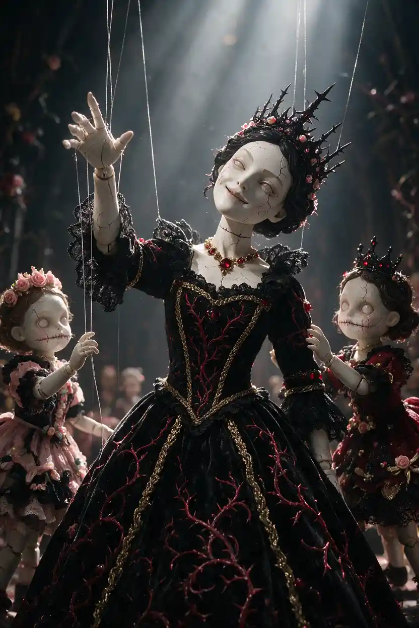 Reina marioneta gótica enmarcada por inquietantes muñecas de porcelana
