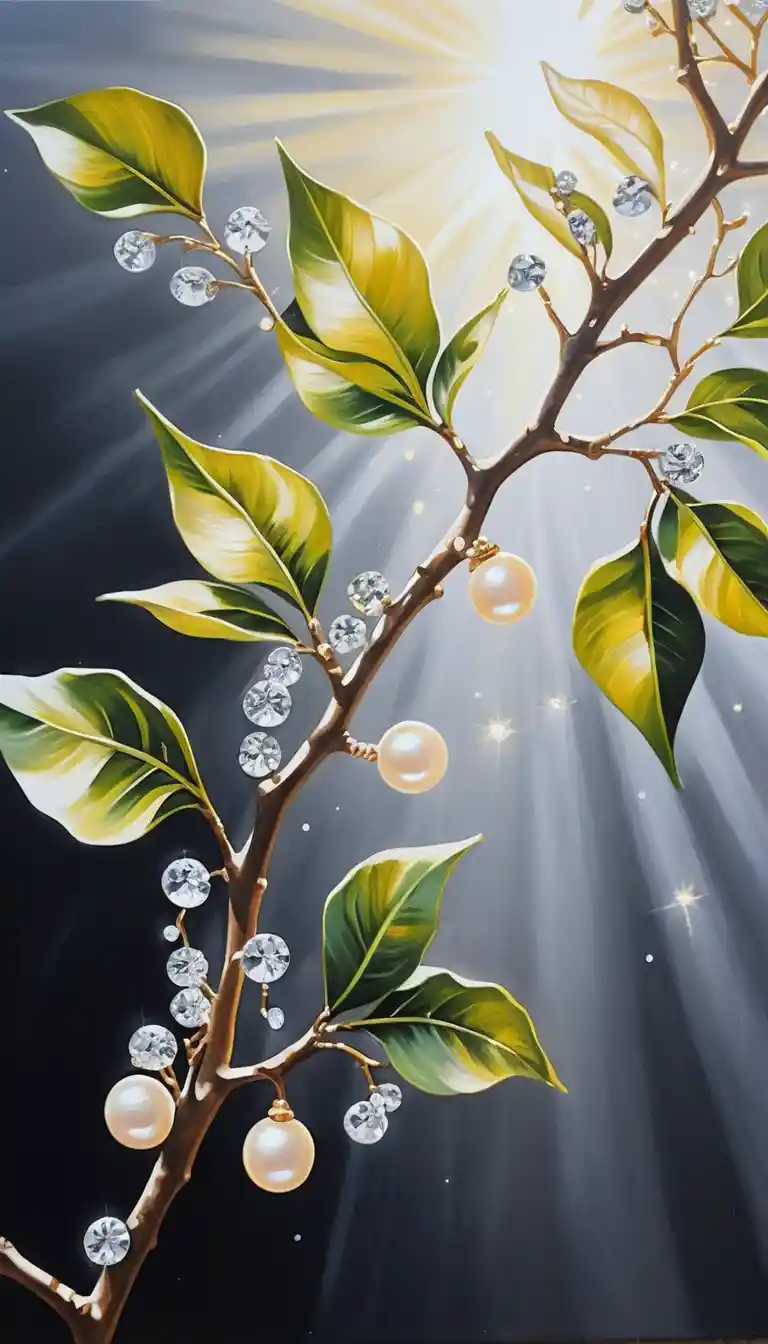 Acrylic painting of a pearl covered branch in sunlight