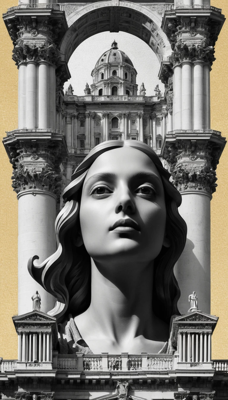 Retrato de chica arquitectónica en estilo collage en blanco y negro