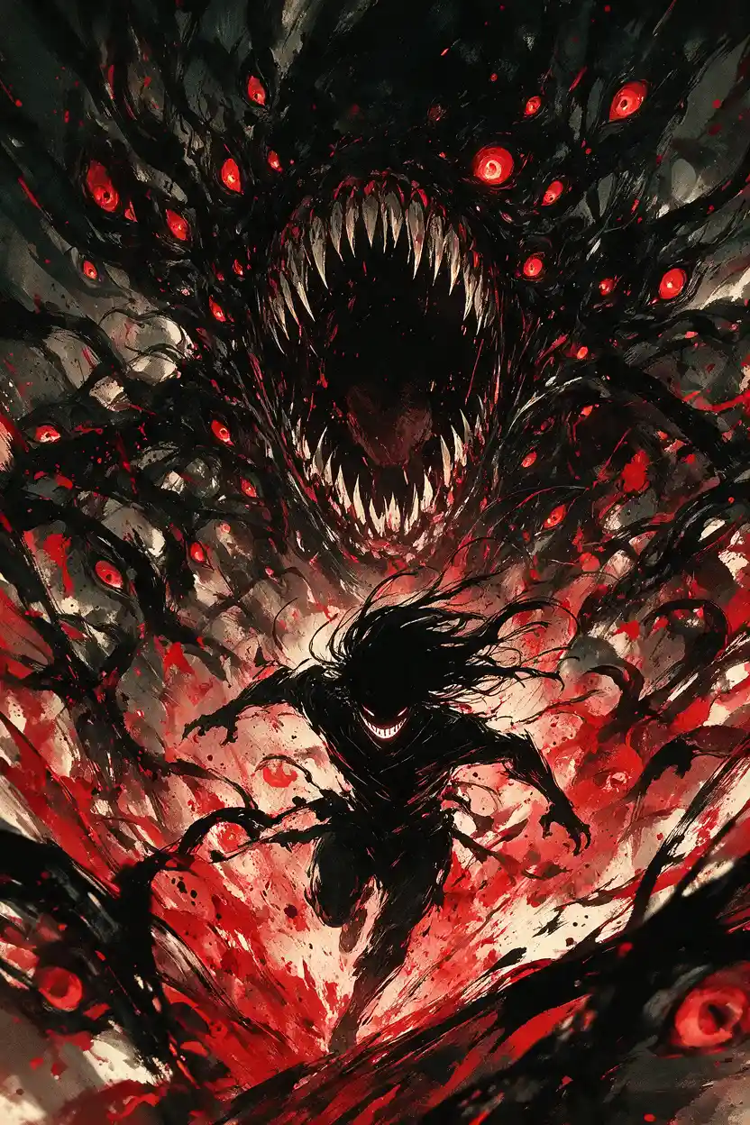 Shadowy humanoid sprinting through crimson eldritch void