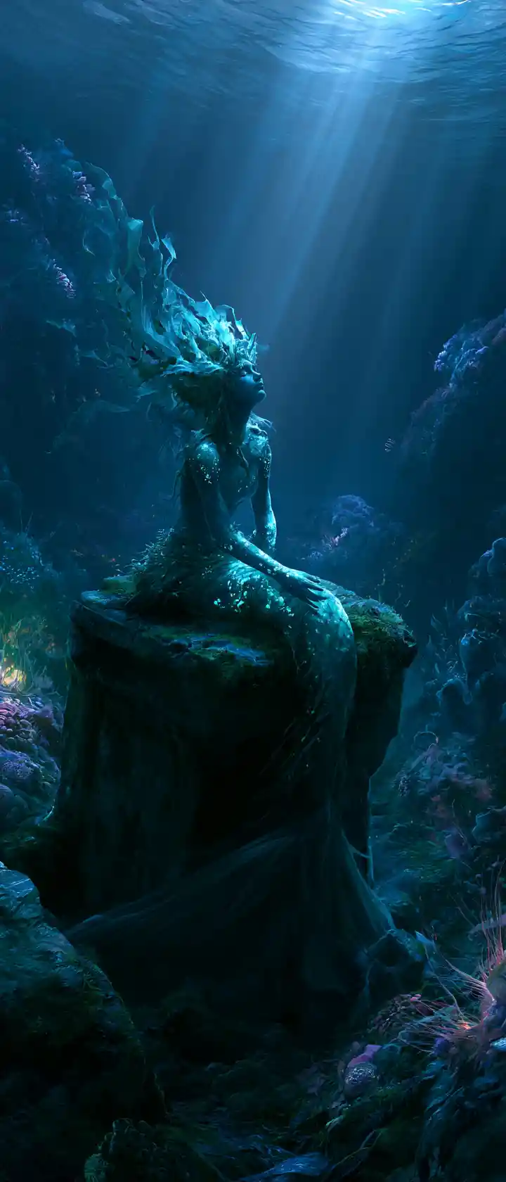Sirena malinconica su antica roccia nella barriera corallina