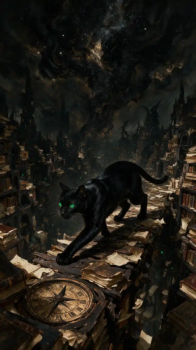 Mystic black cat prowling through a crumbling book city