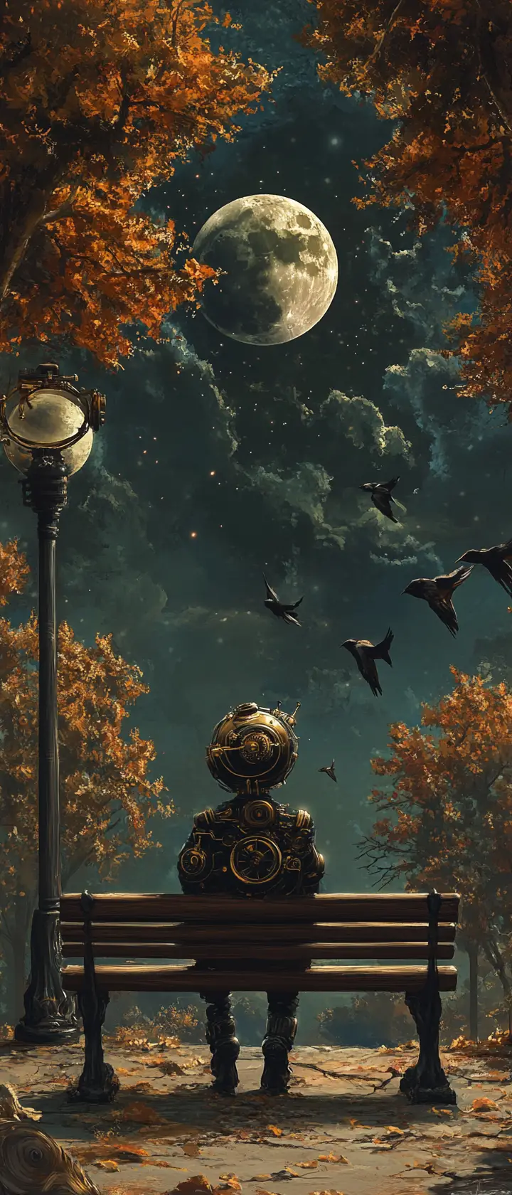 Clockwork automaton child on a bench under twin moons