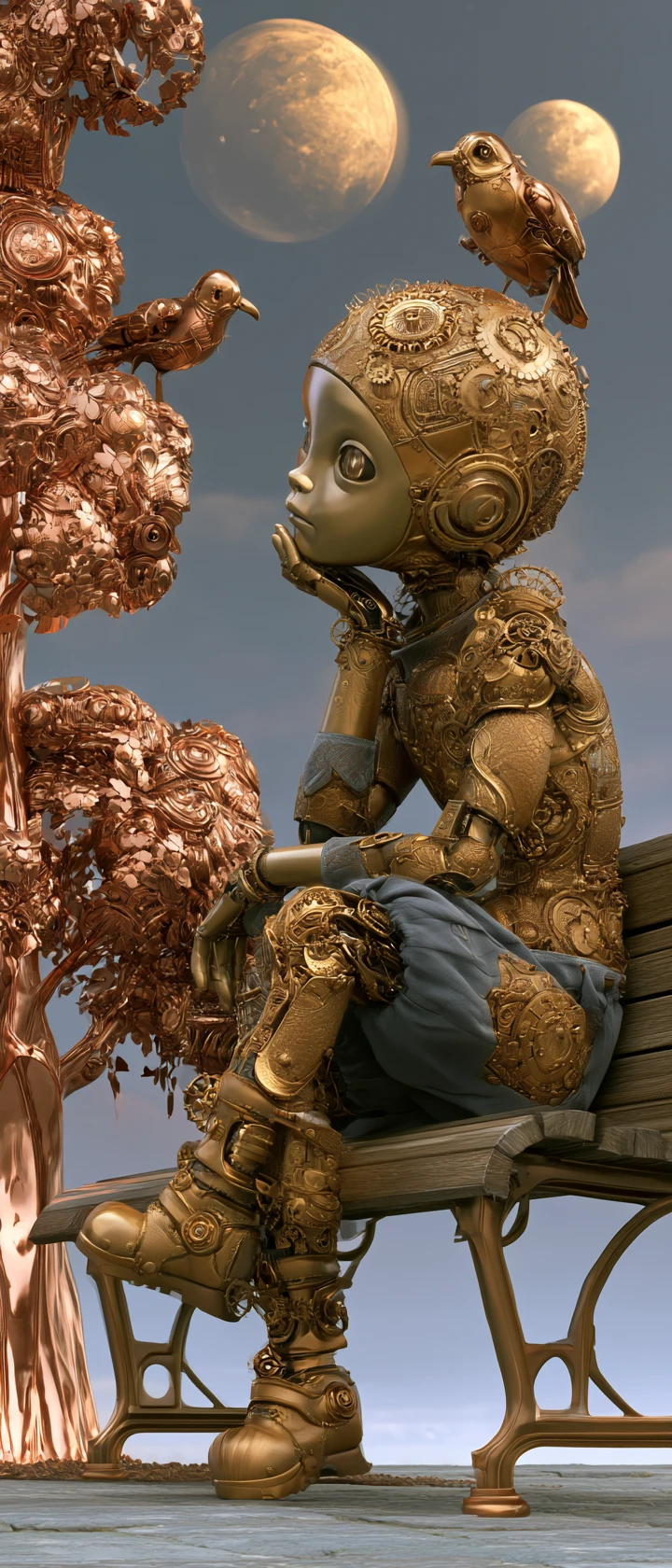 Clockwork automaton child on a bench under twin moons