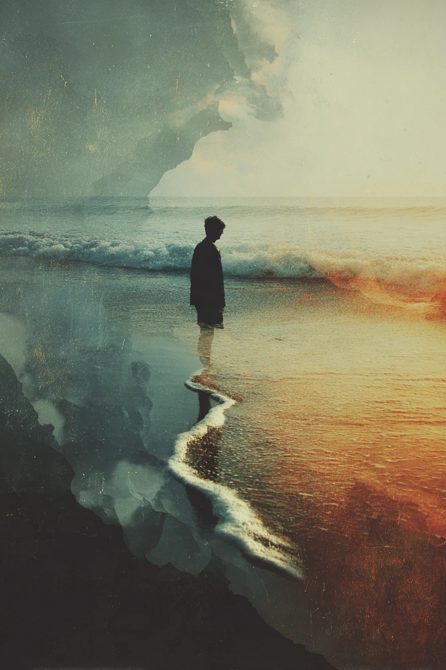 Lonely surreal presence dissolving into an abstract ocean of color