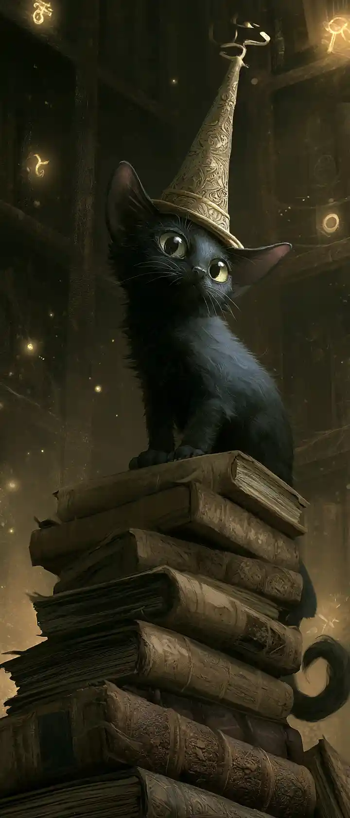 Gato preto mago em uma biblioteca arcana de fantasia iluminada