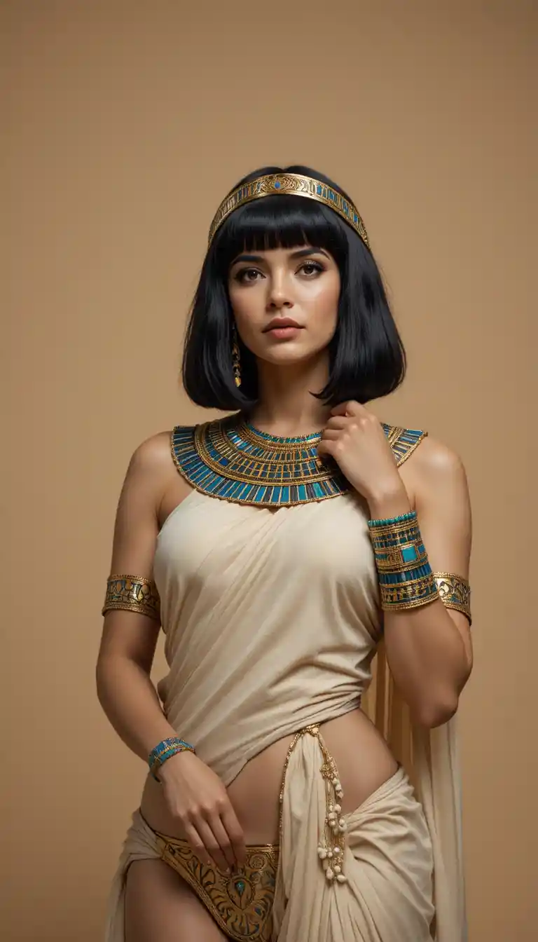 Cleopatra inspired fashion portrait with golden jewelry and linen