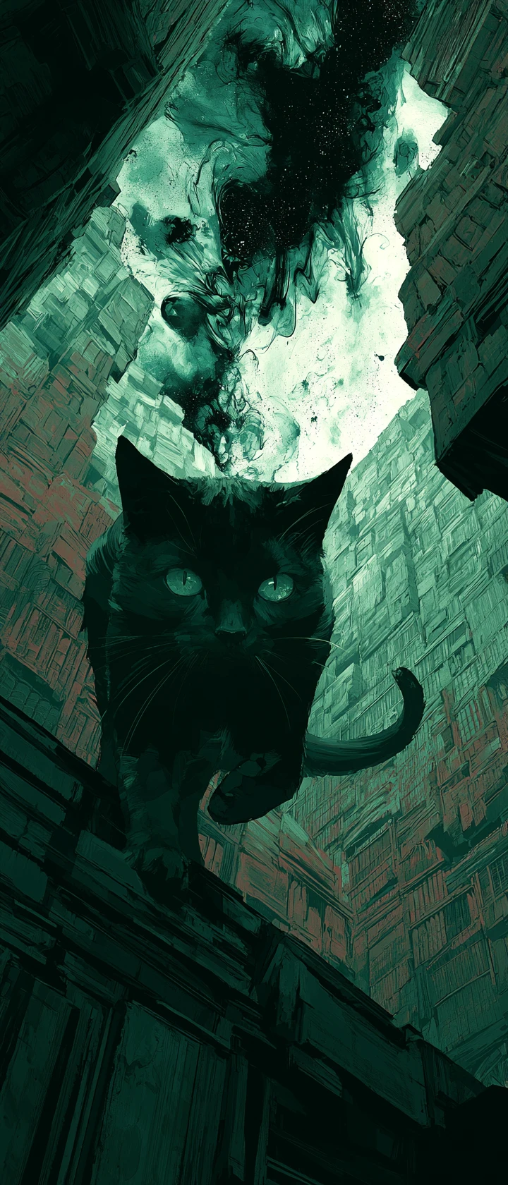 Gato de obsidiana acechando a través de un laberinto de libros que se desmoronan