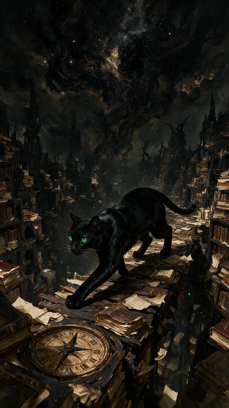 Mystic black cat prowling through a crumbling book city