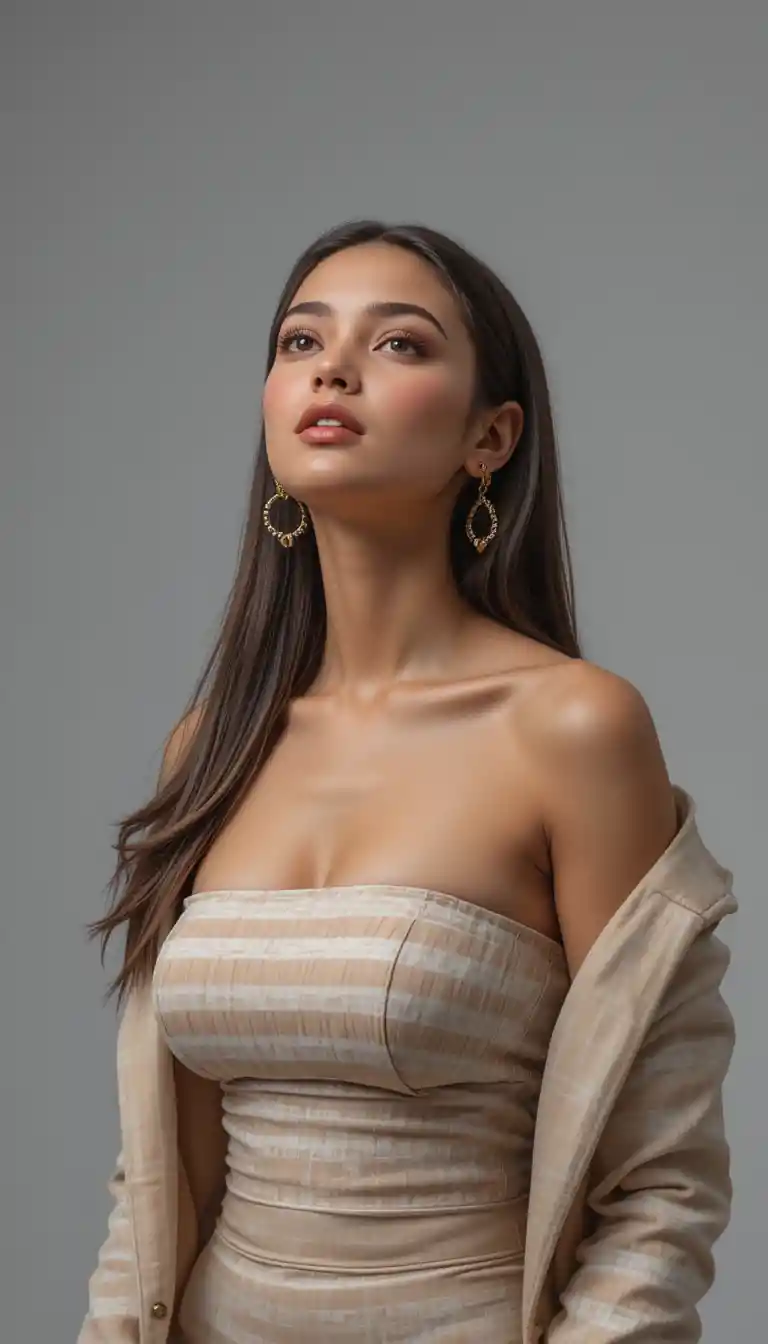 Garota estilosa com top tomara-que-caia bege e blazer aberto