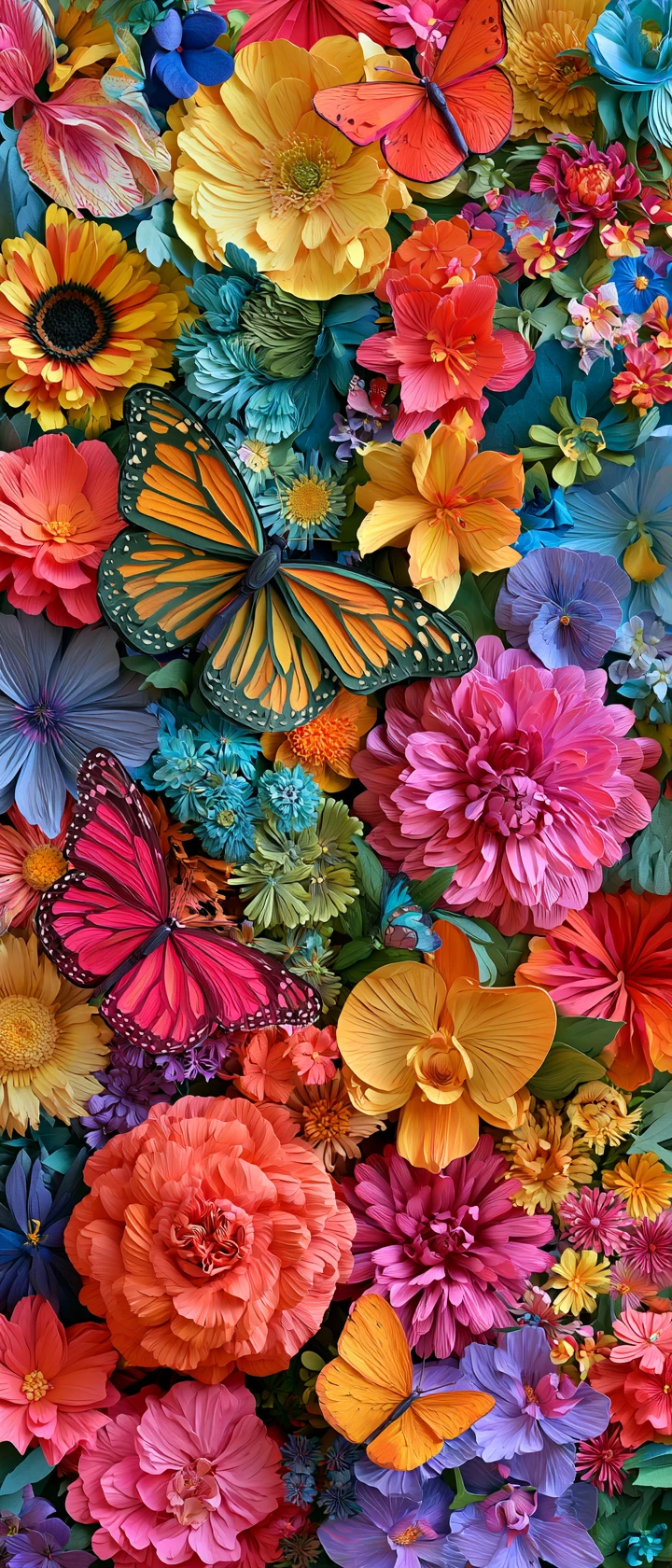 Jardín colorido de flores de papel con mariposas a la luz del sol