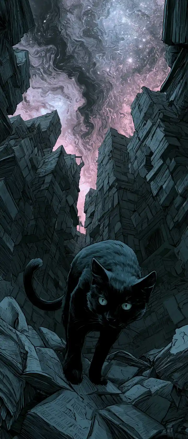 Obsidian cat stalking through a labyrinth of ancient books