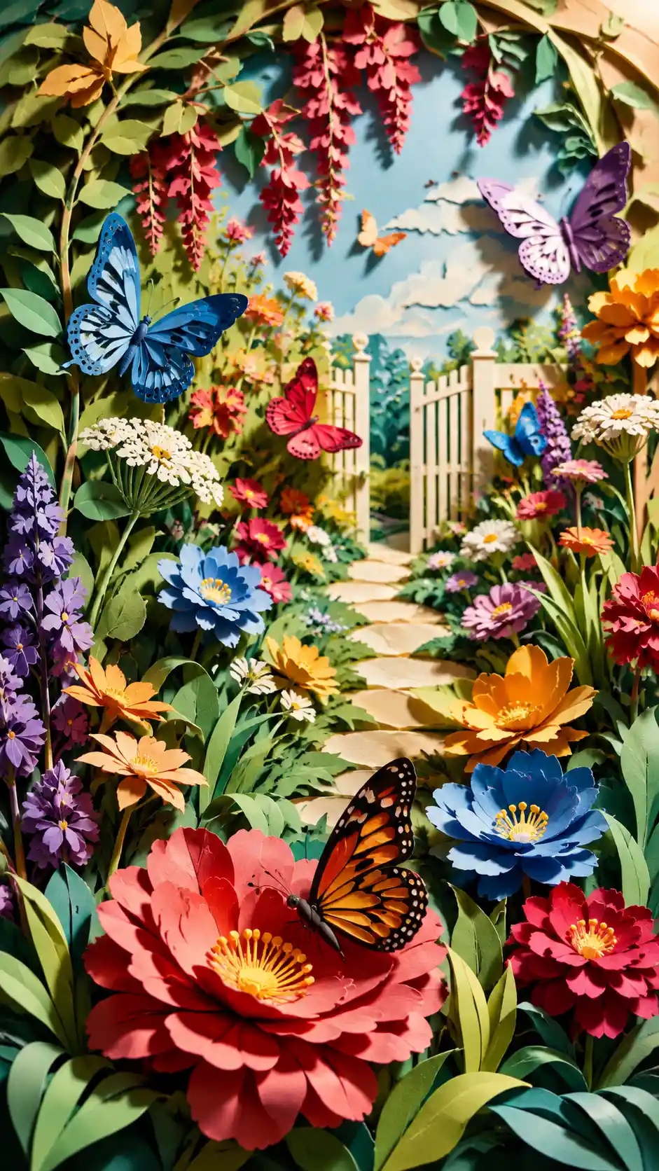 Jardim de papel banhado pelo sol, repleto de flores coloridas de verão