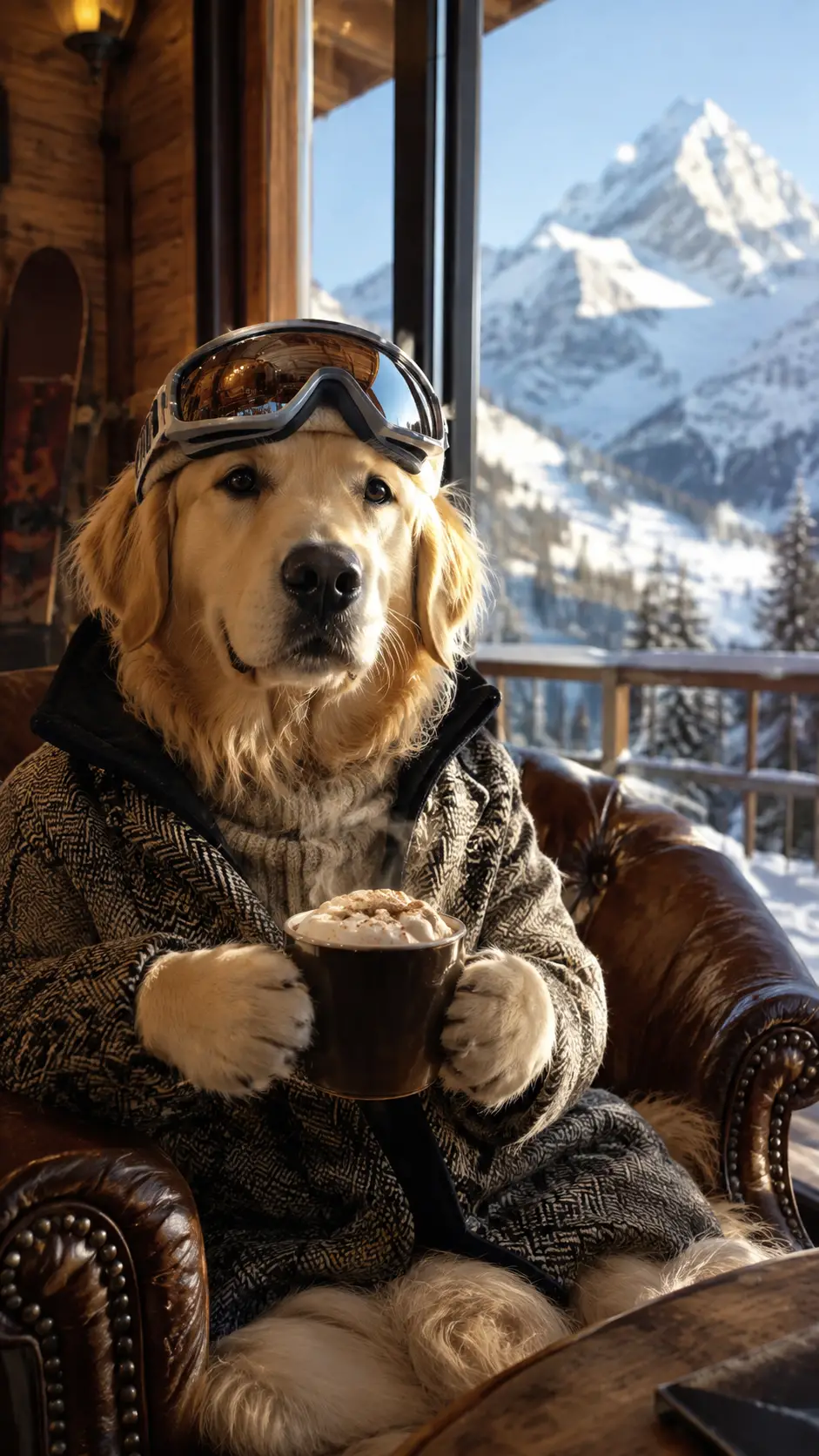 Golden retriever relaxando com roupa de esqui de tweed em ambiente interno