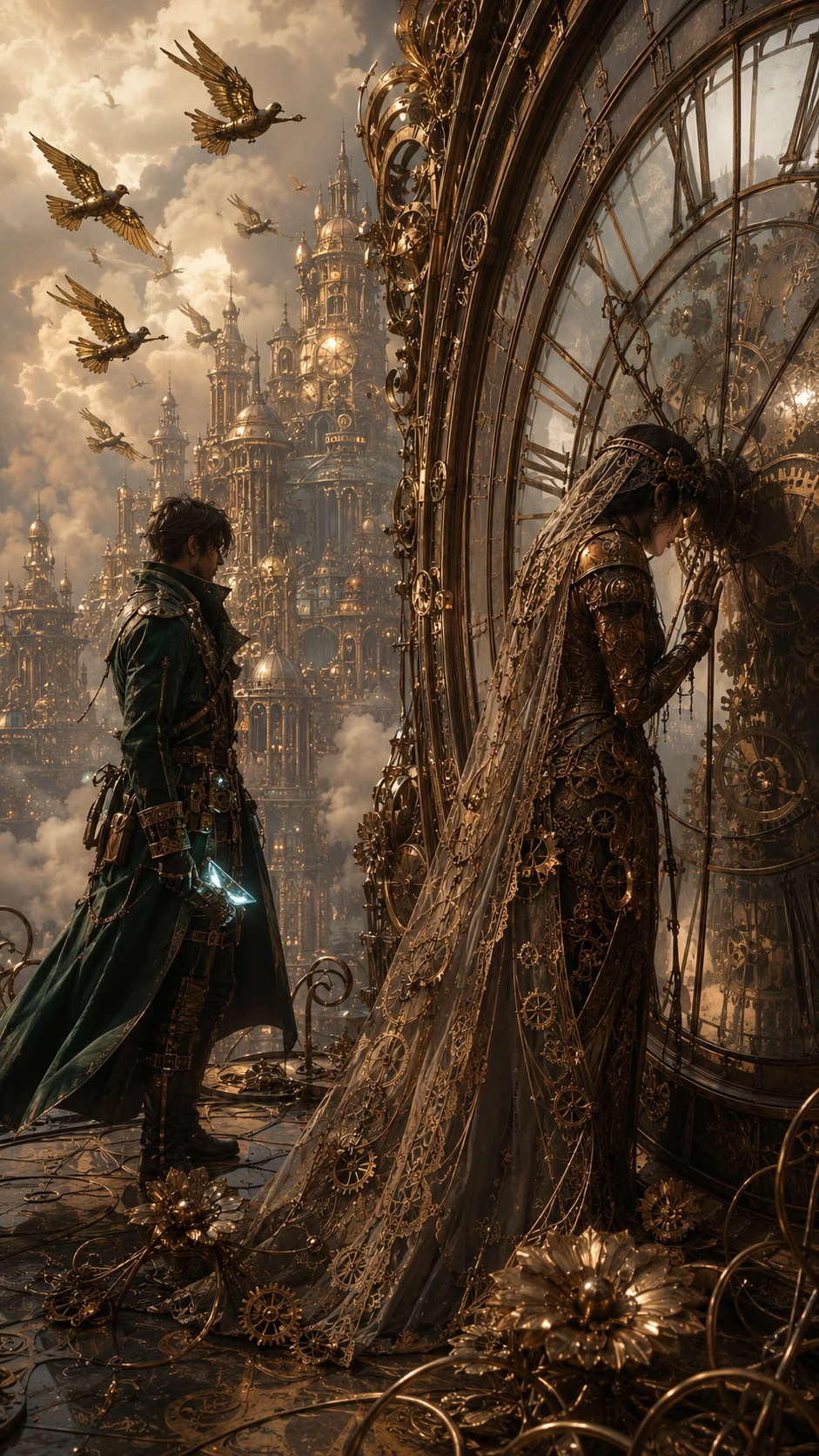 Mujer con armadura de engranajes en una ciudad relojera luminosa