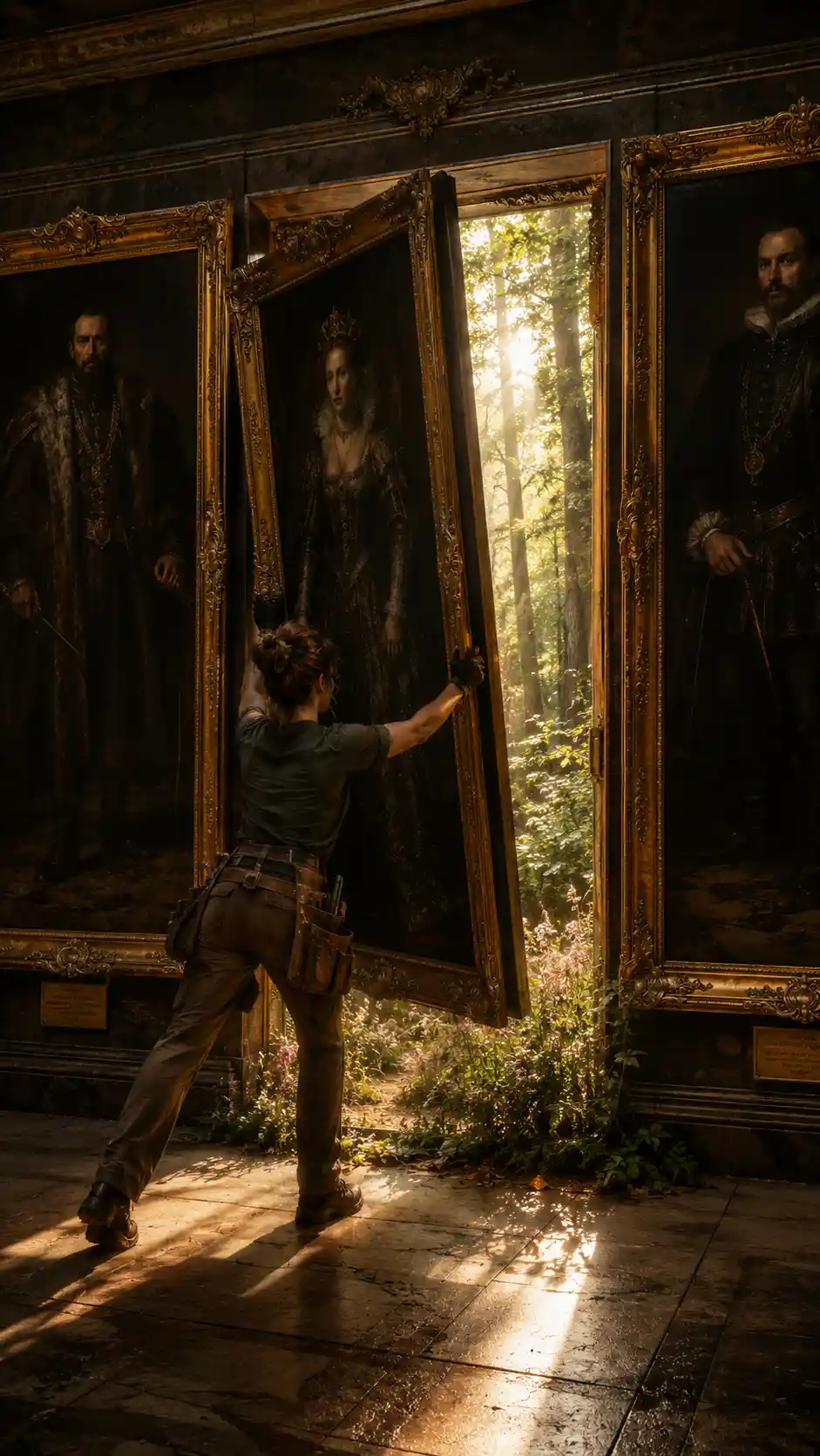 Mujer levantando un tríptico de museo para revelar un bosque bañado por el sol