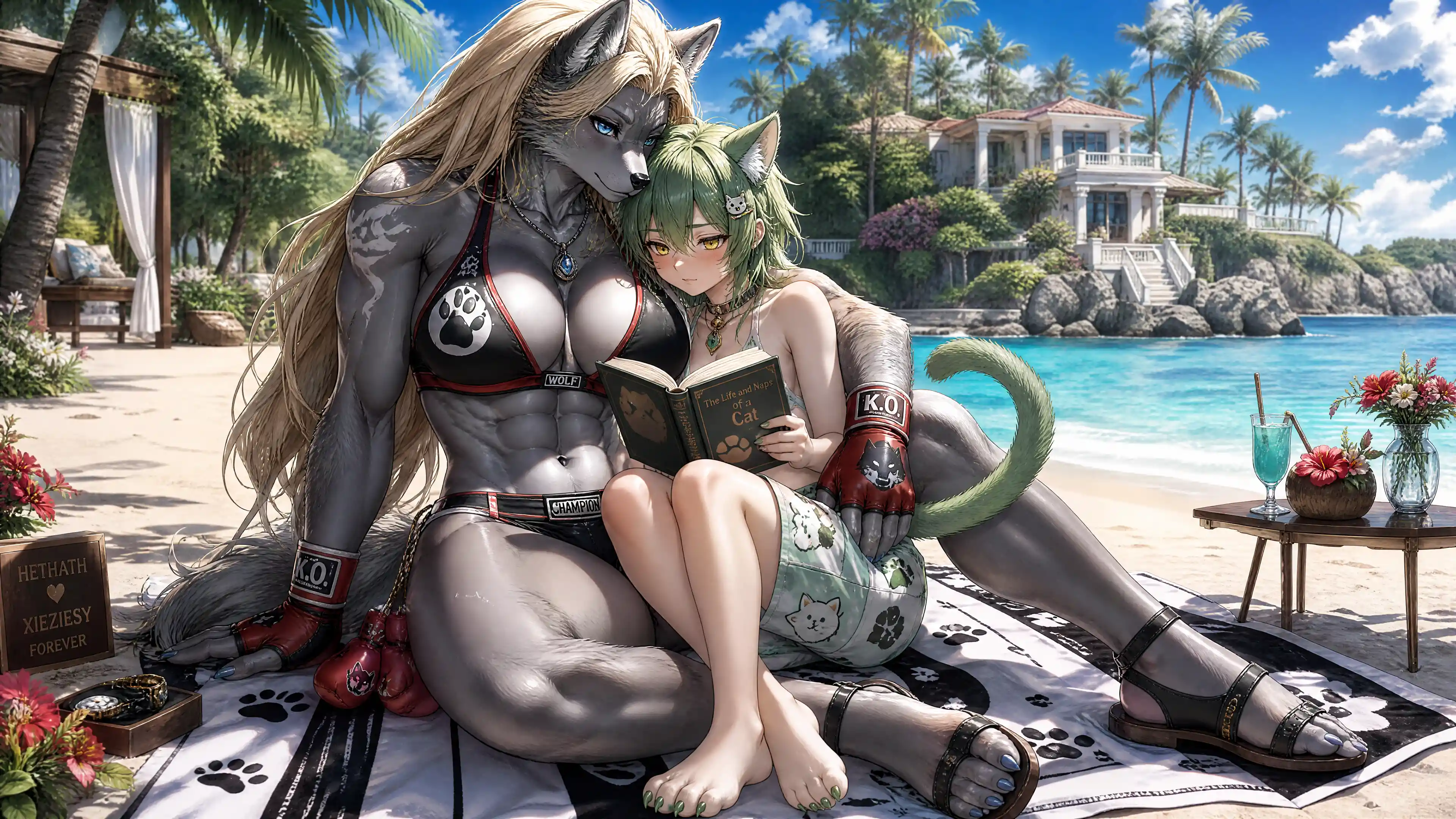 Tall silver werewolf woman cuddling neko boy on beach