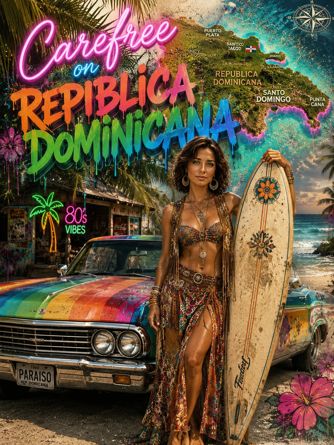 Surfer bohemia en una playa del Caribe en 3D