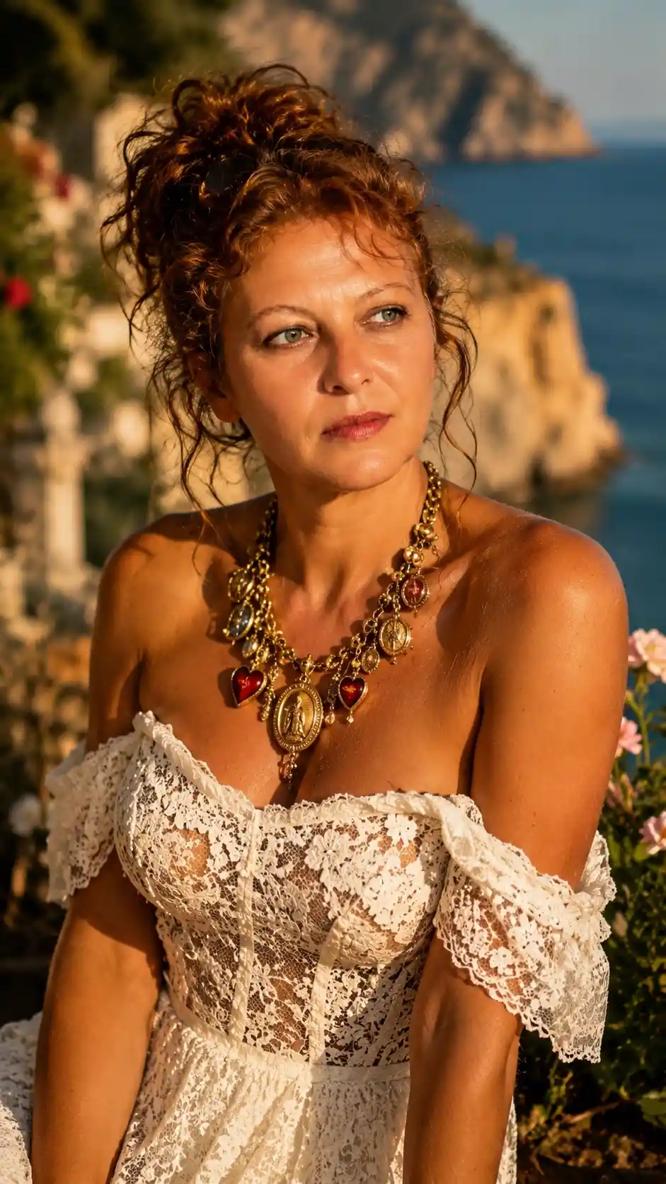 Elegante mulher morena em vestido de renda à beira do mar Mediterrâneo