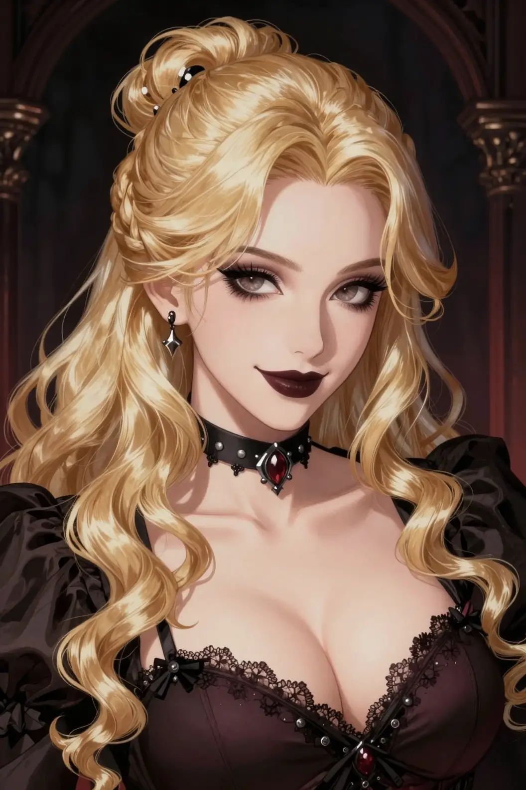 Gothic anime woman with long blonde hair and choker