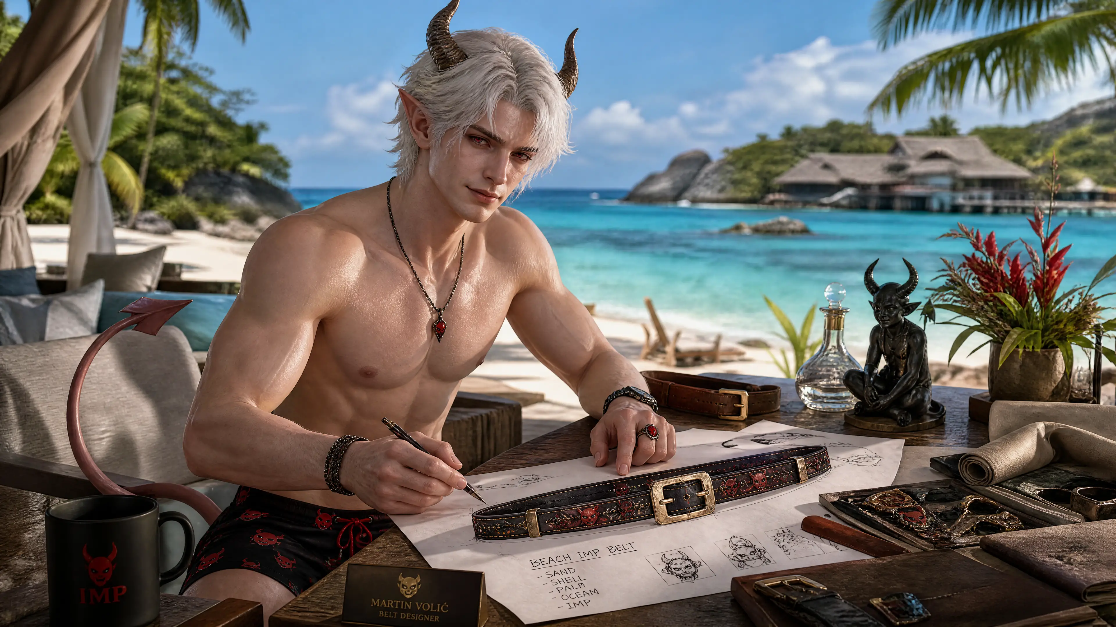 Horned fantasy man designing a belt at beach table