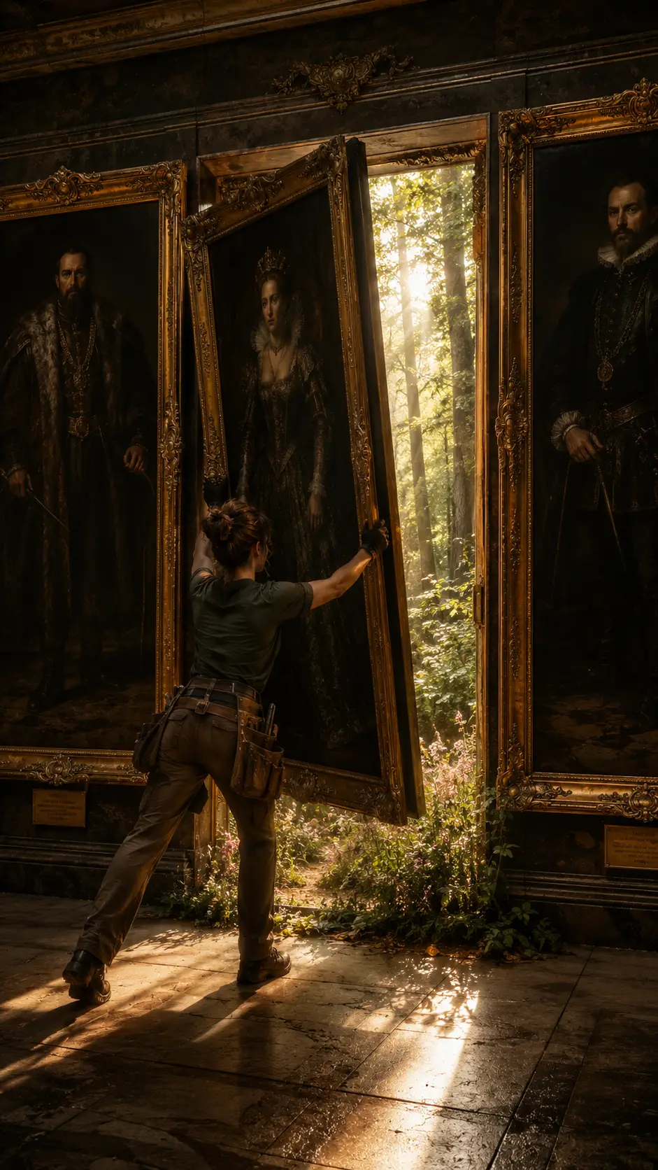 Woman lifting museum triptych to reveal sunlit forest