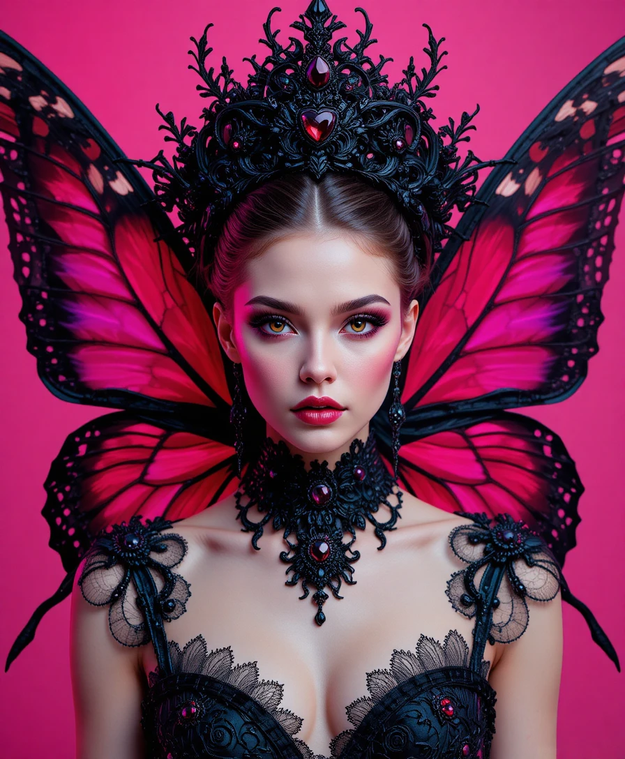 Retrato de reina gótica mariposa sobre fondo rosa intenso