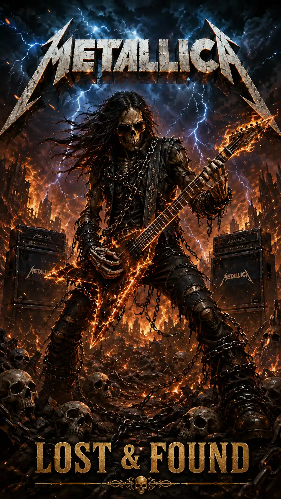 Rocker scheletrico che suona una chitarra infuocata tra fiamme apocalittiche